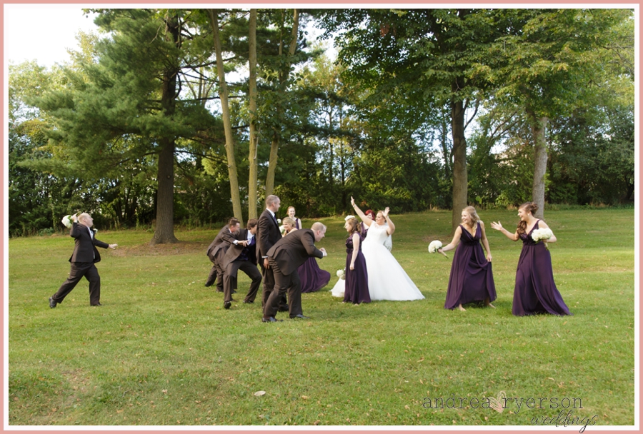 bridal party and a pretend game of football